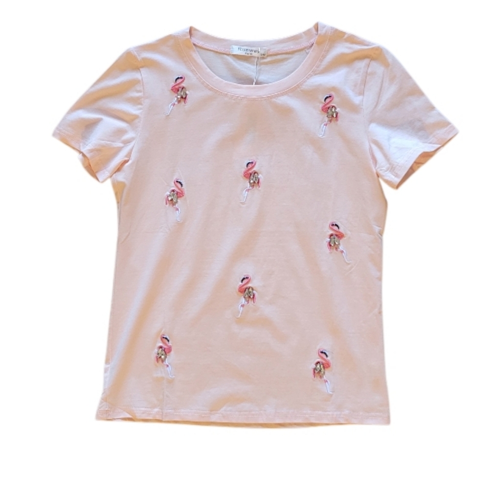 Women’s Short Sleeve Pink Flamingo Embroidered Tee - Picture 3 of 7